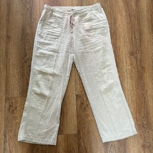 PER SE Linen Boho Pants Beige Womens 10 Wide Leg Resortwear Elastic Waist Beach